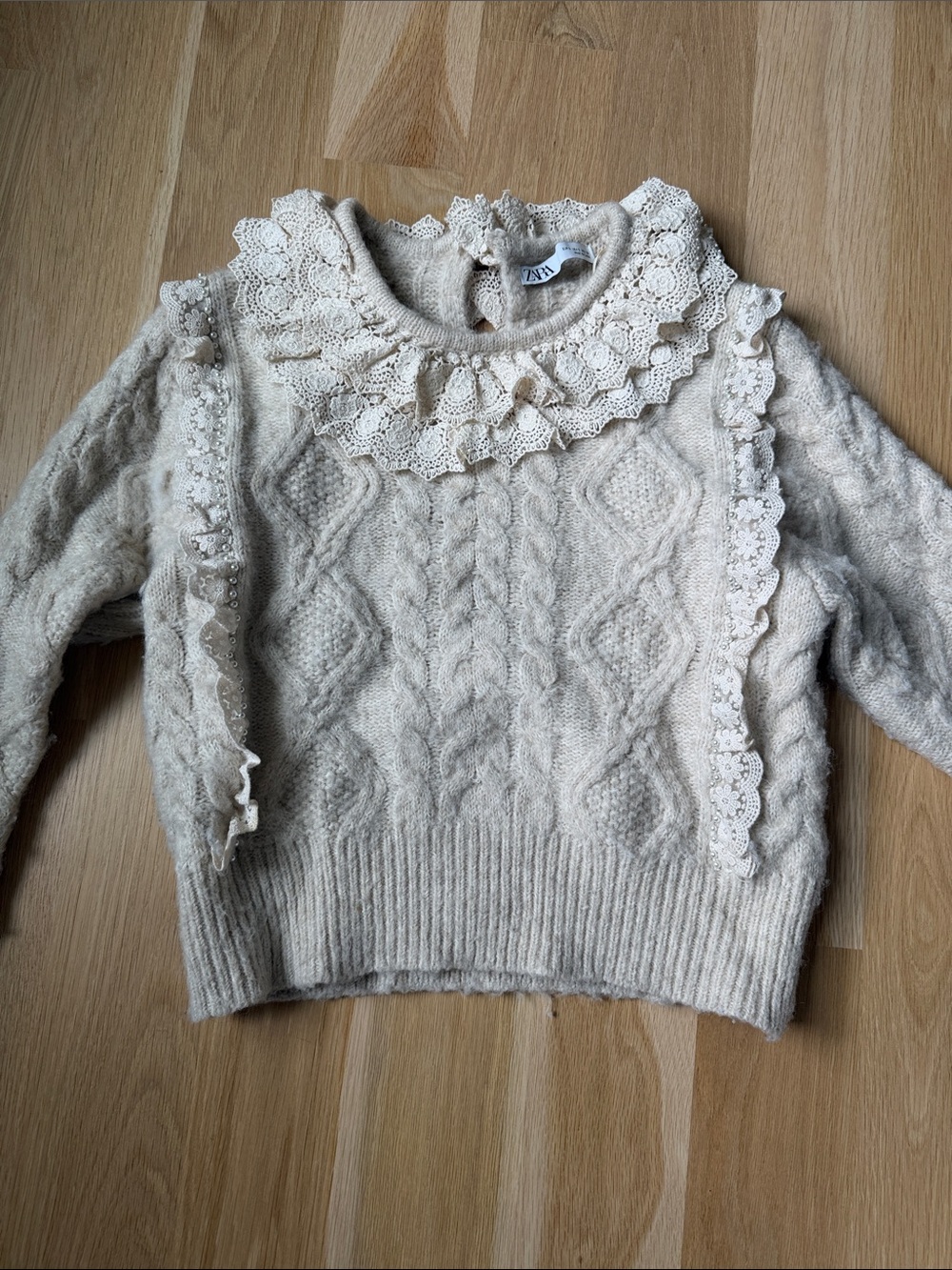 Zara Cream Cable-Knit Lace-Trim Pearl Sweater size small